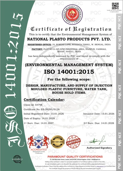 ISO 14001:2015 certificate, Hajipur plant