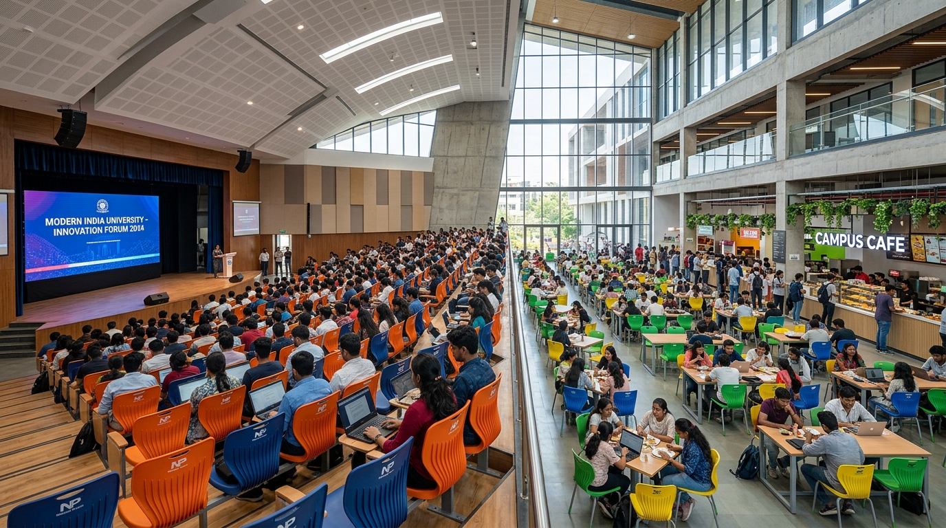 Students seated on moulded chairs in an institution